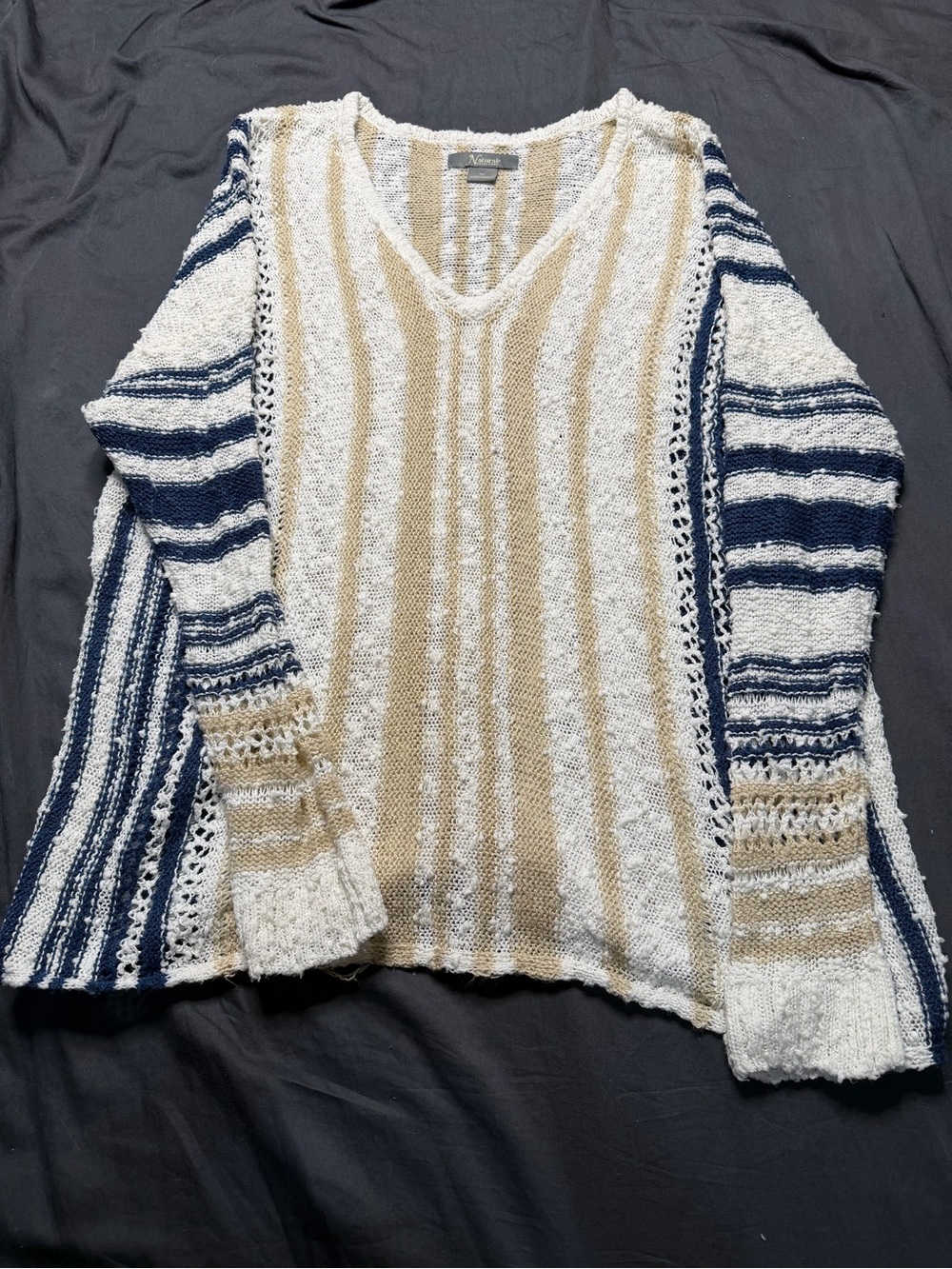 Natural Reflections Navy, White & Tan Striped Open-Knit V-Neck Sweater